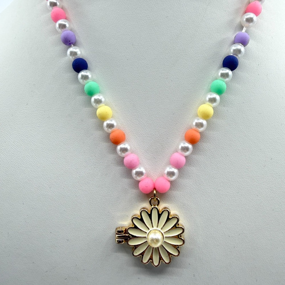 Pastel Bead Daisy Locket Necklace - Colorful Boho Festival Jewelry